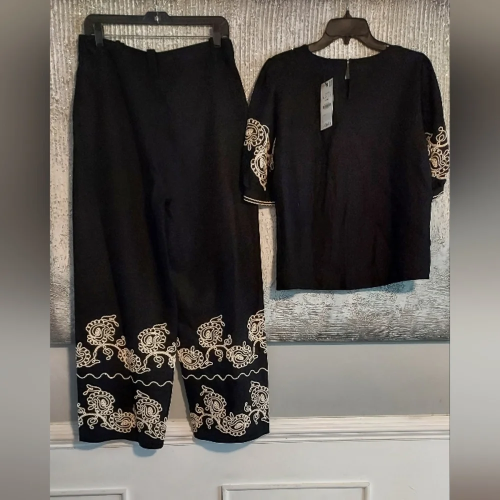 Zara Embroidered Linen Blend Black Pants And Top Set Sz-L